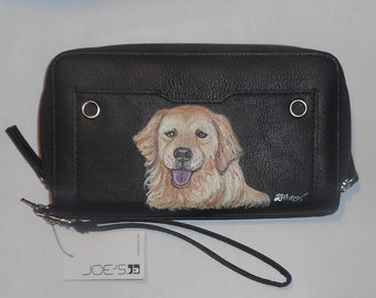 Golden Retriever Dog Wallet for Women, Hand Painted Leather Wristlet, Dog Person Gift