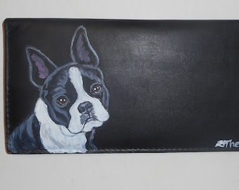 Boston Terrier Dog Portrait Checkbook Cover Holder Hand Painted Leather Father's Day Gift