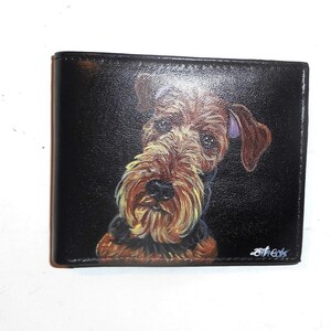 Cartera de cuero negra con retrato de Airedale Terrier para hombre, regalo para amantes de los perros