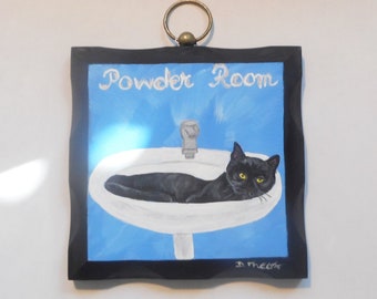 Black Cat Powder Room Sign, Wall Decor, Hand Painted Plaque, Cat lover Gift