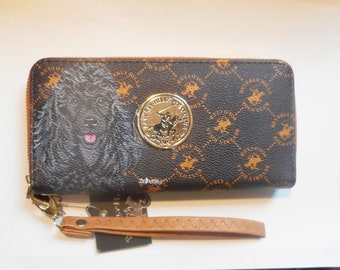 Black Poodle Dog Wallet for Women, Hand Painted Brown Wristlet, Mother's Day Gift
