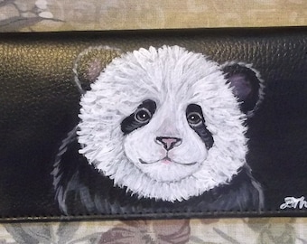 Hand Painted Panda Bear Portrait Leather Checkbook Cover