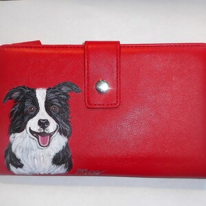 Cartera de perro Border Collie para mujer, cartera personalizada pintada, cartera roja, regalo para mamá perruna