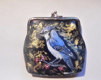 Blue Jay Bird Coin Purse, Hand Painted Clutch, Bird Lover Gift