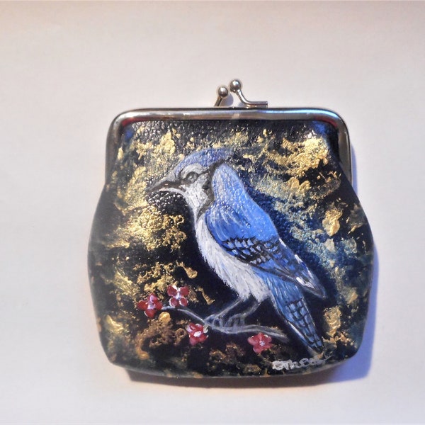 Blue Jay Bird Coin Purse, Hand Painted Clutch, Bird Lover Gift