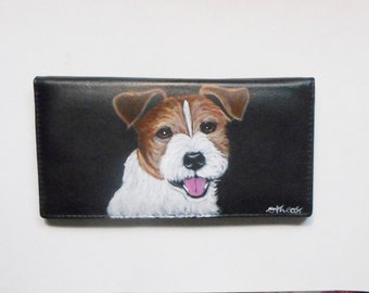 Jack Russell Terrier Checkbook Cover, Hand Painted Leather Cover, Dog Person Gift