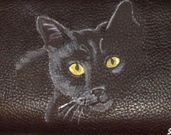 Black Cat Bombay Cat Wallet for Women, Hand Painted Leather, Cat Lover Gift
