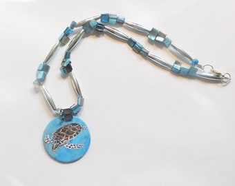 Sea Turtle Bead Necklace, Hand Painted Pendant, Unisex Jewelry, Turtle Lover Gift