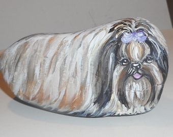 Shih Tzu Dog Pet Rock Art, Dog Figurine, Paper Weight, Dog Person Gift