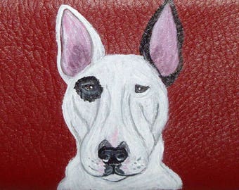 Bull Terrier Dog Checkbook Cover, Custom Hand Painted Red Leather, Dog Person Gift