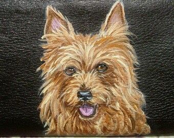 Australian Terrier Dog Portrait Checkbook Cover Hand Painted Leather