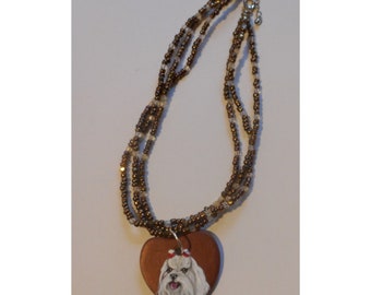 Maltese Dog Necklace, Hand Painted Ceramic Pendant, Handmade Jewelry, Dog Person Gift