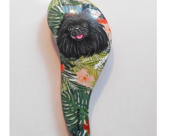 Black Pomeranian Dog Hairbrush, Hand Painted Pet Grooming Brush, Dog Person Gift