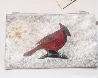 Red Cardinal bird Coin Purse, Hand Painted Wristlet, Bird Lover Gift