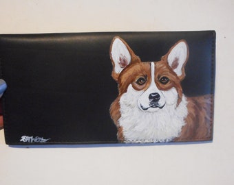 Welsh Corgi Dog Portrait on Checkbook Cover, Hand Painted Leather Checkbook Holder, Dog Person Gift