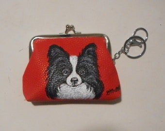 Papillon Dog Coin Purse with Key Chain, Hand Painted Purse, Dog Mom Gift