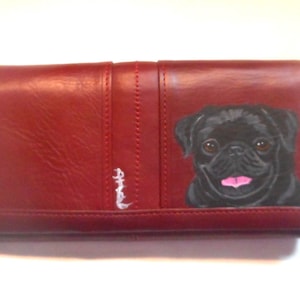 Cartera de perro Pug para mujer, cartera de cuero Pug negra, regalo para mamá perruna, regalo para amantes de los perros