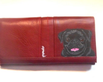 Black Pug Dog Wallet for Women, Hand Painted Leather Wallet, Dog Mom Gift