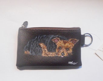 Hand Painted Yorkshire Terrier Dog Coin Purse with Key Ring