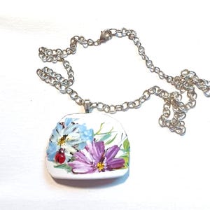 Broken China Necklace, Lady Bug Purple Flower, Pendant Necklace, Valentine&#39;s Day gift, Mother&#39;s Day Gift