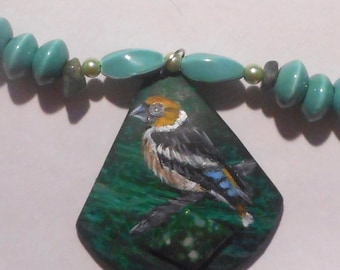 Hawfinch Bird Necklace, Hand Painted Pendant, Green Necklace, Bird Lover Gift