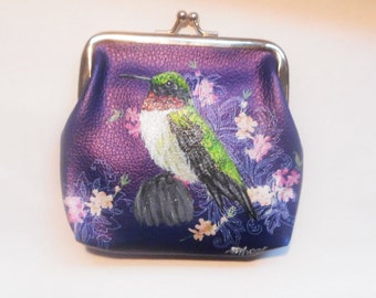 Hummingbird Bird Coin Purse, Hand Painted Purse, Bird Lover Gift