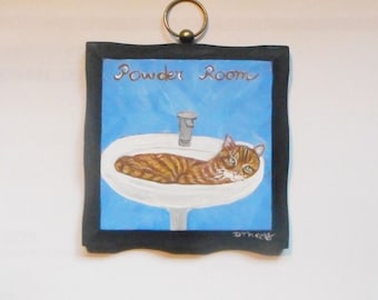 Ginger Orange Tabby Cat, Powder Room Sign, Hand Painted Plaque, Wall Decor, Cat Person Gift