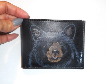 Black Bear Portrait Wallet for Men Father's Day Gift Hand Painted Leather