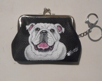 English Bulldog Coin Purse with Key Chain, Hand Painted Vegan Leather Purse, Dog Mom Gift