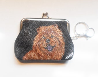 Chow Chow Dog Coin Purse with Key Chain Hand Painted