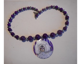 Coton de Tulear Dog Necklace, Hand Painted Pendant , Beaded Jewelry, Dog Mom Gift
