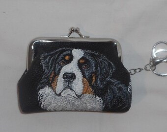 Bernese Mountain Dog Coin Purse with Key Chain, Hand Painted Dog Person Gift