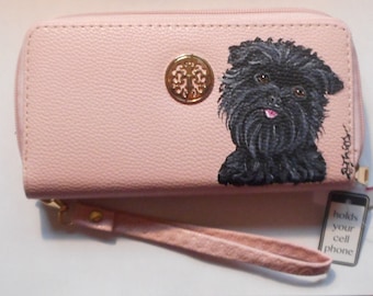 Affenpinscher Dog Wallet for Women Hand Painted Vegan Leather Wristlet Holds Phone