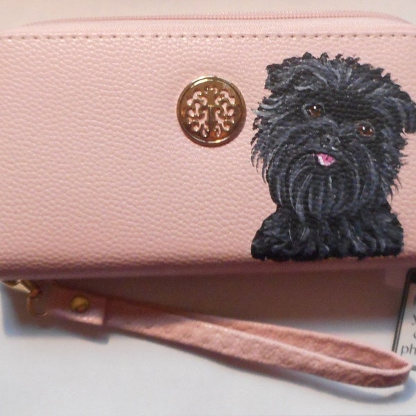 Affenpinscher Dog Wallet for Women Hand Painted Vegan Leather Wristlet Holds Phone