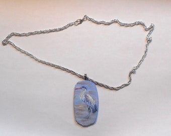 Blue Heron Bird Necklace, Hand Painted Pendant, Bird Lover Gift