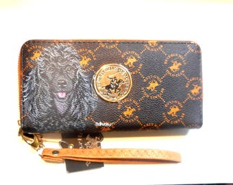 Black Poodle Dog Wallet for Women, Brown Wristlet, Dog Lovers Gift, Hand Painted