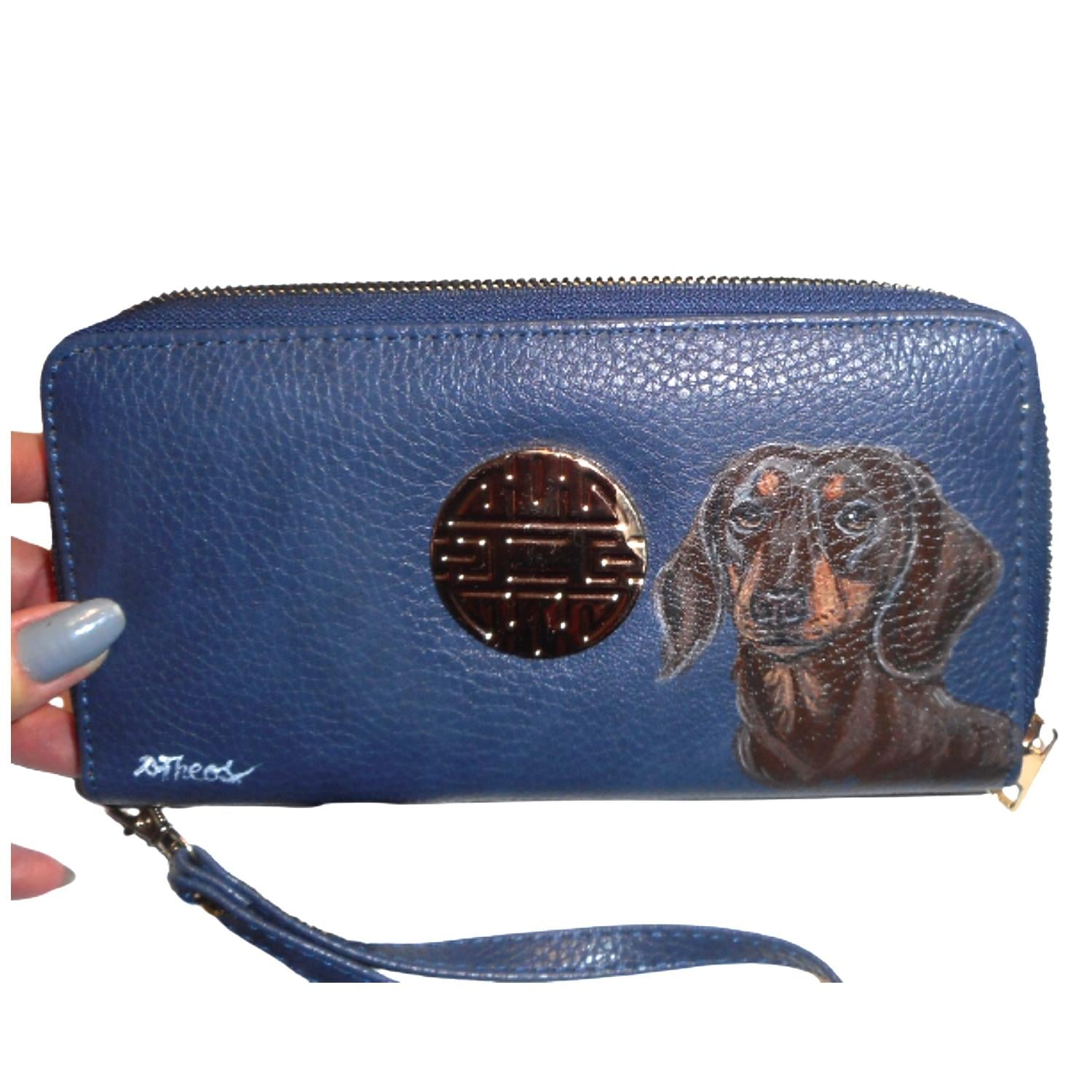 Hand Painted Dachshund Wallet Wristlet: Vegan Leather Dog Lover