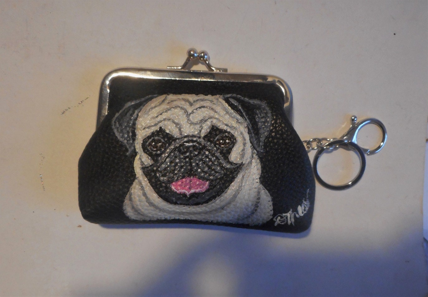 Pug Portrait Coin Change Purse with Key Chain Hand Painted