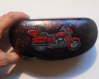 Motorcycle Sunglass Case, Biker Eyeglass Case, Harley Davidson, Hand Painted Bikers Lover Gift