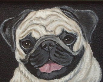 Hand Painted Pug Dog Leather Checkbook Cover