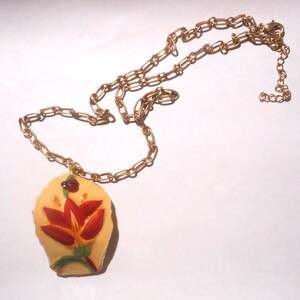 Broken China Necklace, Lady Bug on Bird of Paradise Flower, Pendant Necklace, Valentine&#39;s Day Gift, Mother&#39;s Day Gift