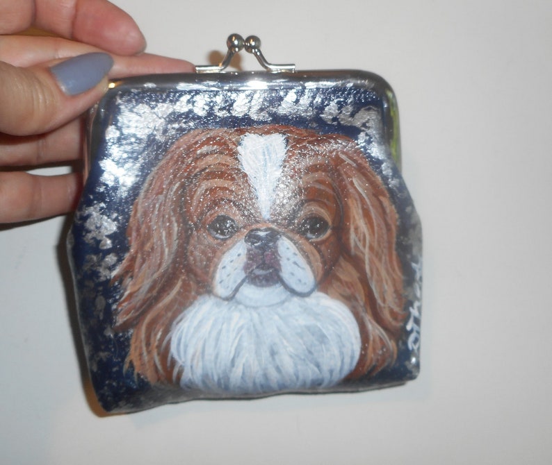 Japanese Chin Dog Hand Painted Coin clutch Purse Mini wallet vegan