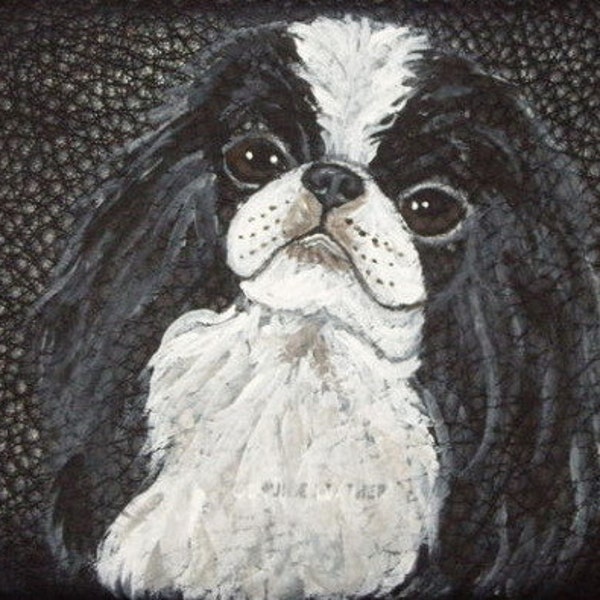 Portrait de chien japonais menton peinture couverture chéquier personnalisé cuir peint à la main