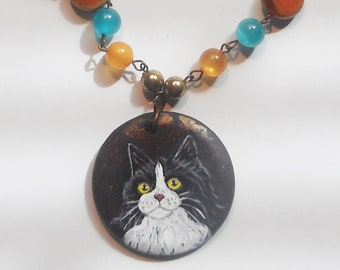 Tuxedo Maine Coon Cat Necklace, Hand Painted Jewelry, Cat charm, Cat Pendant, Cat Mom Gift