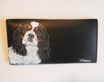Hand Painted Cavalier King Charles Spaniel Leather Checkbook Cover