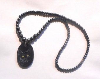 Black Cat Bombay Hematite Bead Necklace, Hand Painted Pendant Jewelry, Cat Person Gift