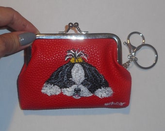 Shih Tzu Dog Portrait Coin Purse with Key Chain, Dog Lover Gift. Dog Person Gift, Red Leather Purse