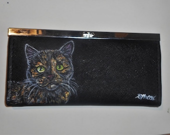 Tortoiseshell Cat Portrait Wallet for Women Vegan Leather Hand Painted