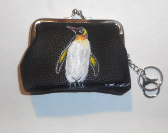 Penguin Bird Coin Purse with Key Chain Hand Painted