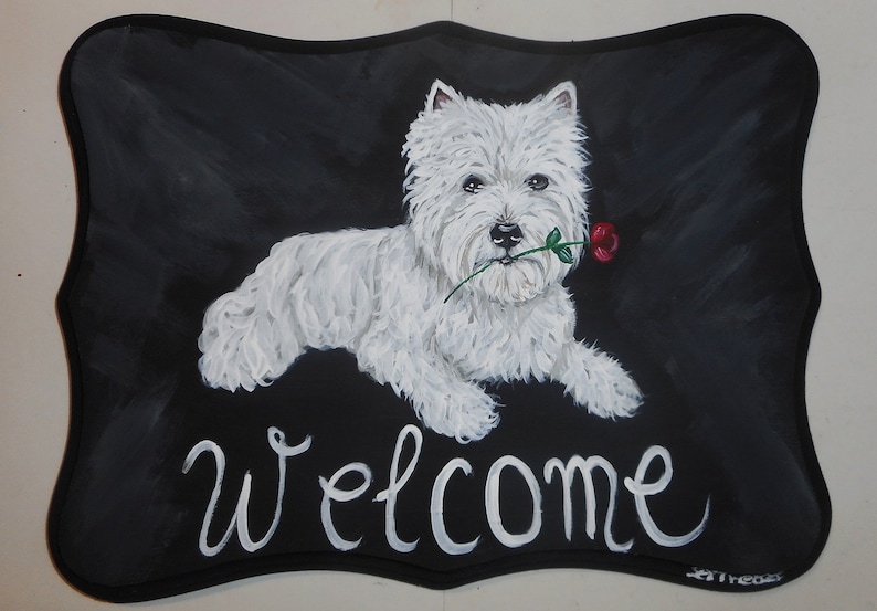 West Highland White Terrier, Westie Dog Painting, Welcome Sign Plaque, Wall Decor Art image 1